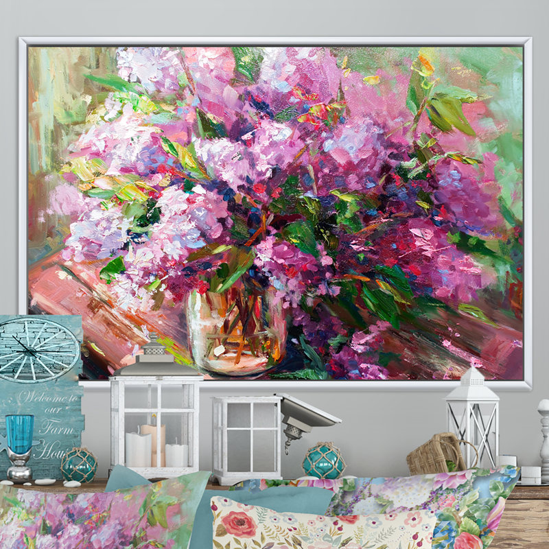 «Flowers Lilac Impressionism», reproduction sur cadre flottant sur toile, H 8 po x l 12 po x P 1 po, Cadre flottant blanc