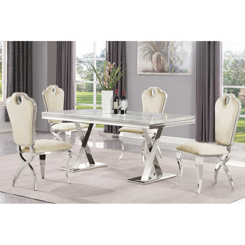 Ensemble de 2 chaises de salle à manger en velours crème avec structure en métal argenté