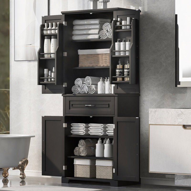 Armoire de rangement de salle de bain avec portes et tiroir, plusieurs espaces de rangement, tablette réglable, Noir
