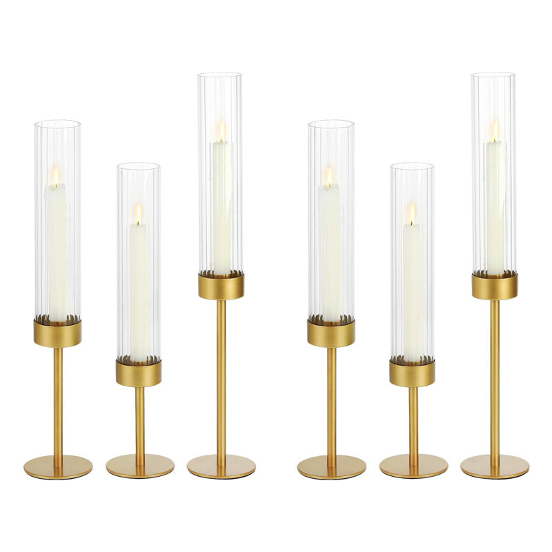 Glass Hurricane Candle Holders Set Of 6 With Gold Metal Base, Tiered Taper Candle Stick Holders For Wedding, Christmas And Home Decor Centerpiece