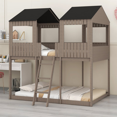 Woodbunk Bed With Roof,Window,Guardrail,Ladder