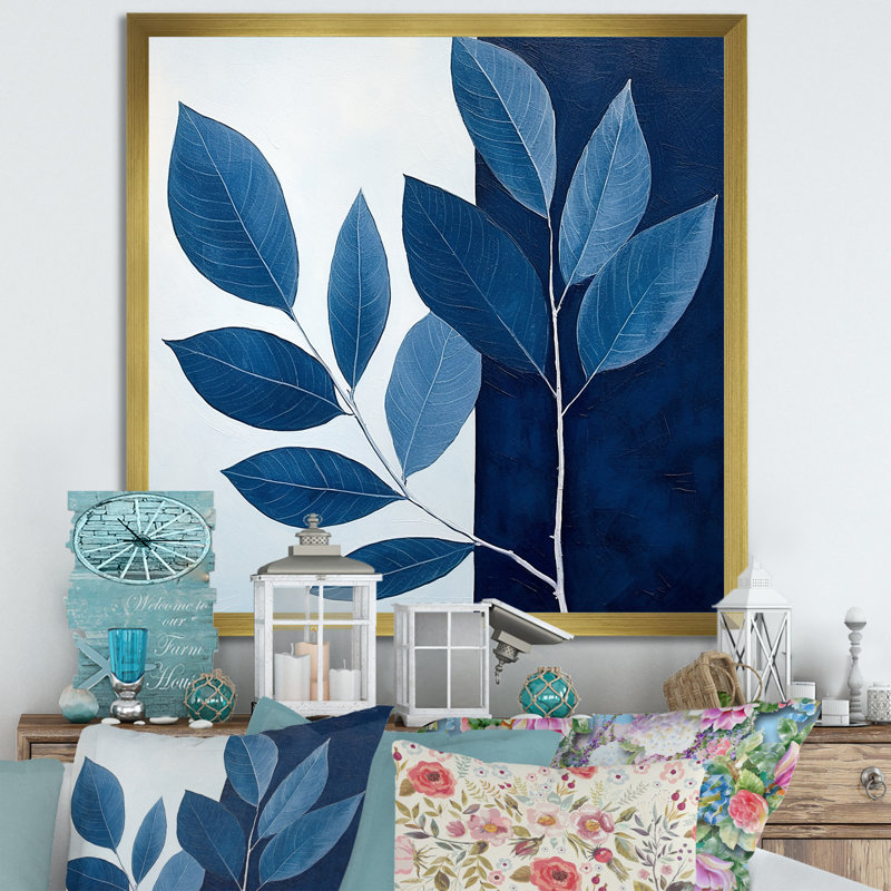 Blue Indigo Leaves Harmony I, H 16 po x l 16 po x P 1 po, Cadre doré simple