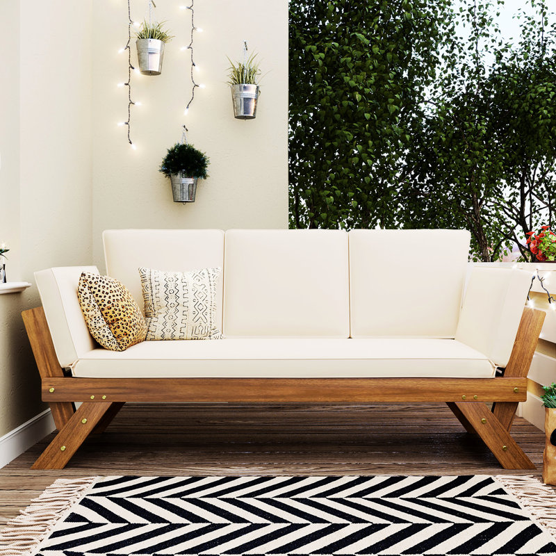 Chaise longue de patio ajustable avec coussins d'eau, groupe de sièges pour 3 personnes, structure de lit de jour extensible en bois, finition naturelle