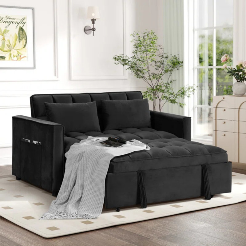 55.2'' Wide Modern Convertible Sleeper Sofa Bed With Reclining Backrest And 2 Pillows, Black