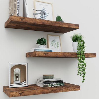 Wall-Mounted Storage Rack Set Of Three, 16 Inches In Vintage Brown Color, Home Decoration, Frame-Style Display Wall Rack, Suitable For Bedrooms, Kitchens, Bathrooms, Living Rooms