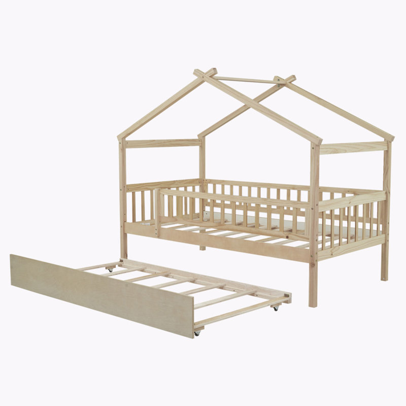 Zhayne Wooden House Bed with Trundle, Natural, Twin