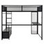 Lit mezzanine en métal pleine grandeur avec DEL, bureau, garde-robe ouverte et 3 tiroirs de rangement - garde-corps en maille pour lin noir