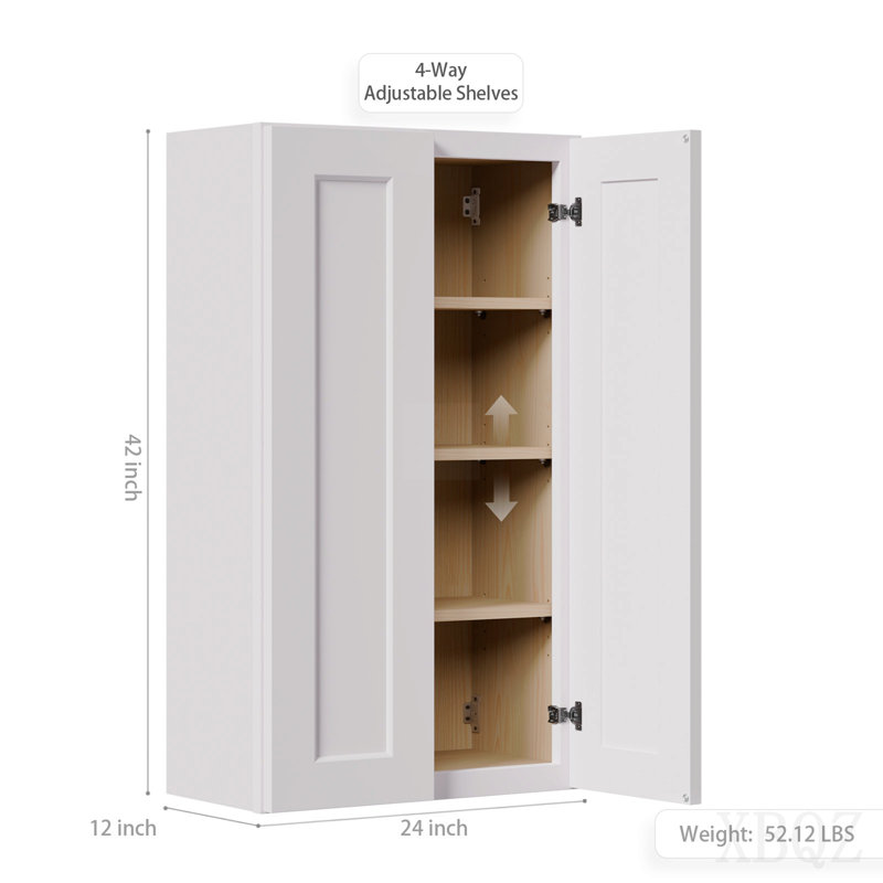 White Shaker Solid Wood Wall Cabinet With Soft-Close Doors, Adjustable Shelves - 24" Double Door Storage For Kitchen, Bathroom, Laundry, Garage (Easy Assembly, 24"W X 12"D X 42"H)