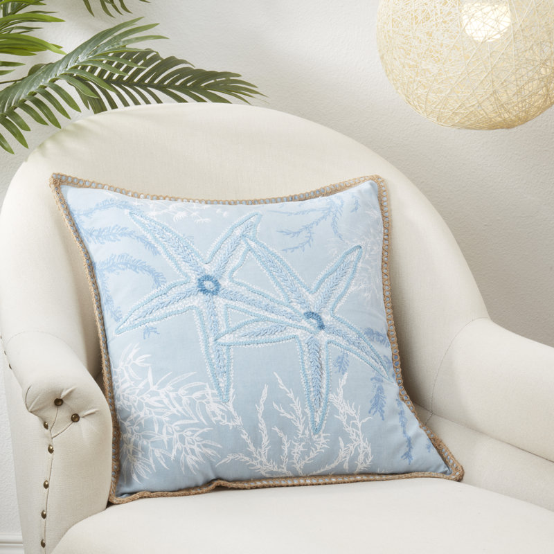 Coastal Blue Cotton Starfish 20'' Throw Pillow