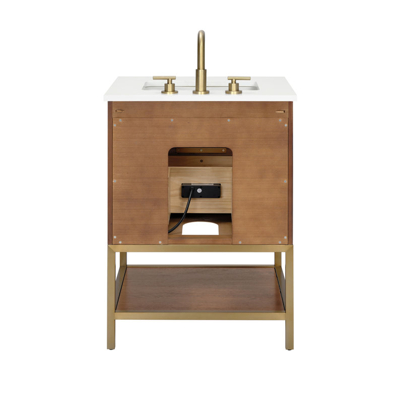 Diamond 24 in. Single Vanity, White Quartz, Walnut, Satin Brass