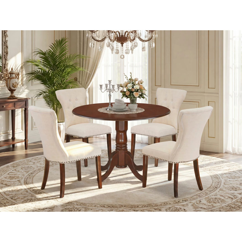 5 Piece Dining Room Table Set Includes a Round Dining Table with Dropleaf and 4 Light Beige Linen Fabric Upholstered Chairs, Mahogany