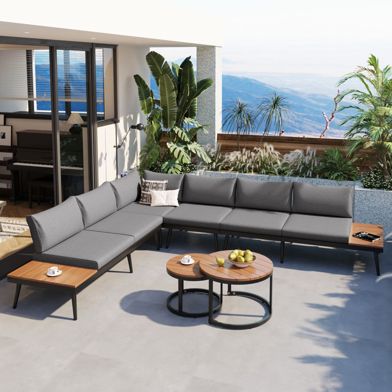 6-Piece Outdoor Sectional Sofa Set With Round Nesting Coffee Tables And Seating Sofa With Cushions For Patio, Porch And Garden
