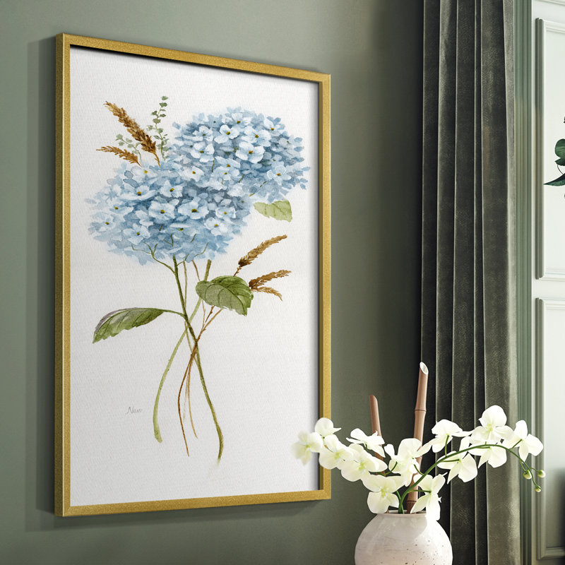 Petite hydrangée bleue I, reproduction encadrée - bois massif, Or, H 28 po x l 22 po