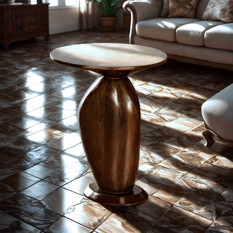 Round Mango Wood Side Table with Sculpted Pedestal Base and Stained Finish