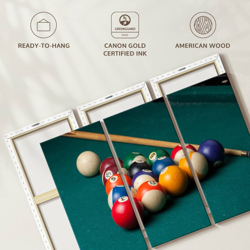 «Billiard Game Installation», 3 pièces sur toile, H 28 po x l 45 po x P 1,25 po