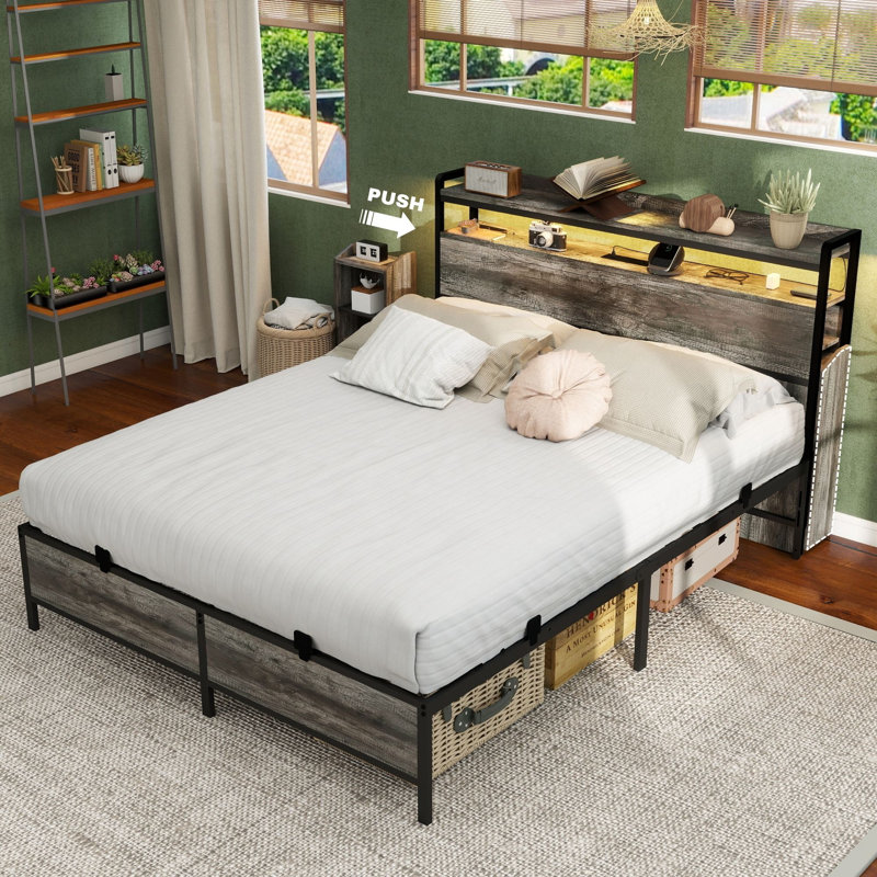 Bookcase Bed With Storage Slide Bedside Shelf, Full XL, Grey