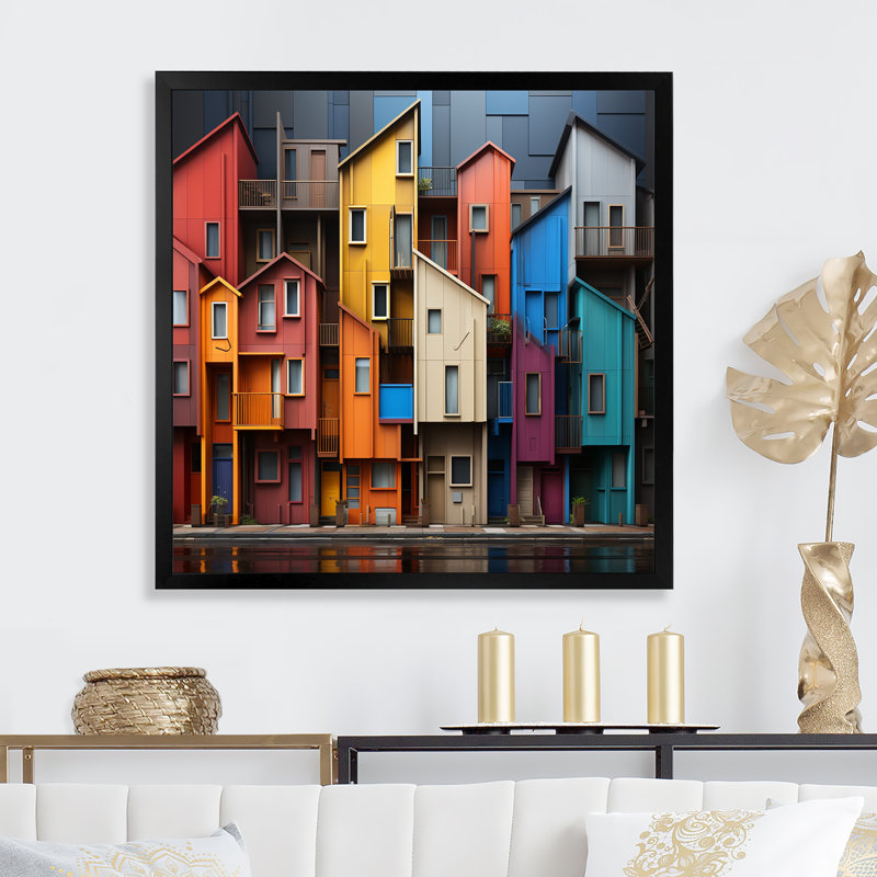 «Colorful Rainbow Village I - City Buildings», art mural, Cadre simple noir, H 30 po x l 30 po x P 1 po