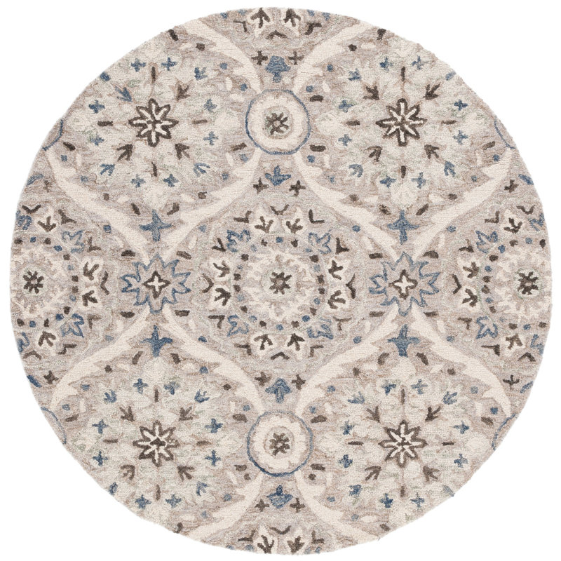 Hand Tufted Wool/Cotton Damask Rug in Gray/Beige, Round 5'