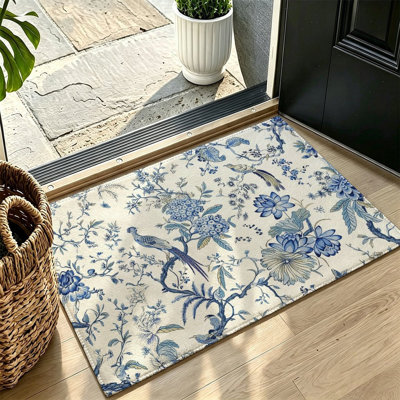 Tapis à motif floral bleu et blanc avec oiseaux, style cottage et jardin, 119 x 79 cm