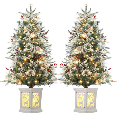 3 Ft Pre-Lit Christmas Tree, 2 Set Artificial Christmas Trees with Lighting Elk Base, Snow Flocked Xmas Trees with 78 Led Lights, Battery Operated and Timer Function, Christmas Decoration