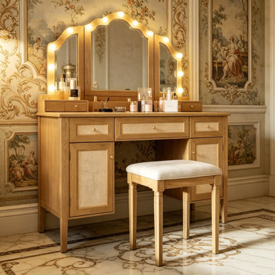  Meuble-lavabo avec 13 ampoules Hollywood et 3 modes d'éclairage, coiffeuse avec miroir à trois volets, 5 tiroirs et tablettes de rangement avec station de charge pour la chambre à coucher, naturel