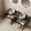 Meuble-lavabo 60 po avec lavabo en contreplaqué flottant avec 4 portes, 2 lavabos ronds blancs en céramique avec motif en pierre et comptoir en pierre frittée noire, grain de bois de chêne brun (nouveau SKU)