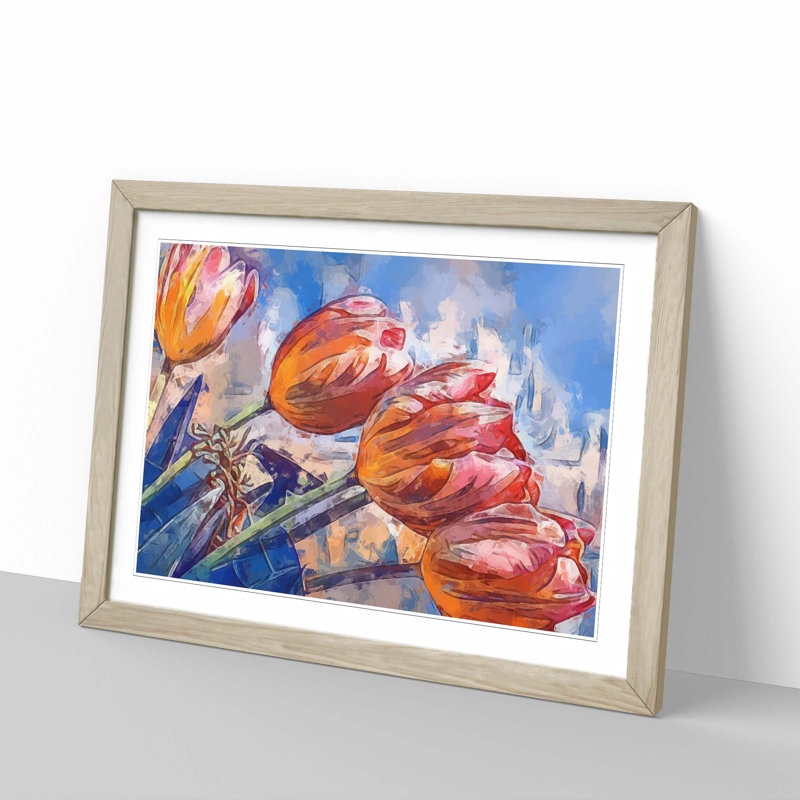 Tulips in Spring in Abstract - Picture Frame Painting Print, 40cm H x 60cm W x 2cm D, Oak