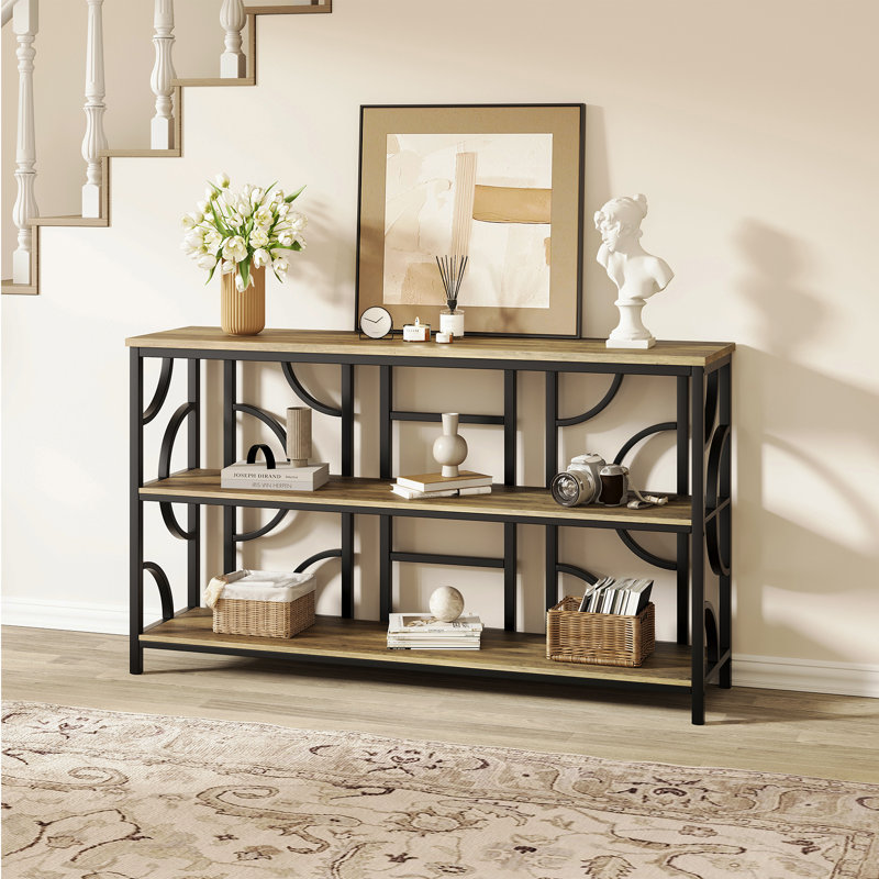 Table de canapé industrielle de 55 po, console de rangement à 3 niveaux avec design géométrique unique, table d'appoint derrière le canapé pour l'entrée, le salon, le vestibule, le couloir, le bureau - brun rustique
