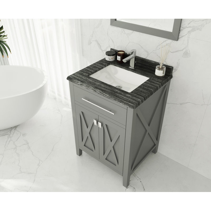 Vitiello 24'' Single Bathroom Vanity with Solid Surface Top, Black Wood, Gray