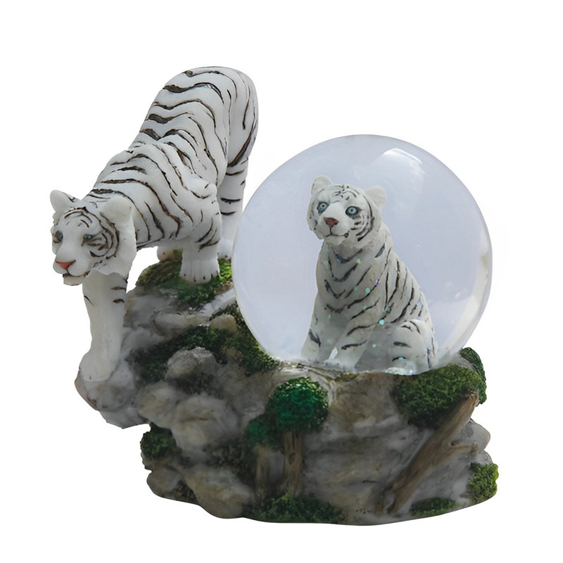 4"H White Tiger with Cub Glitter Snow Globe