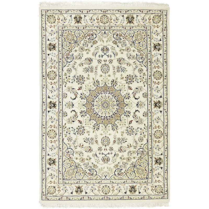 Tapis oriental floral en laine Indo-Nain, Rectangle 4 pi x 6 pi 1 po