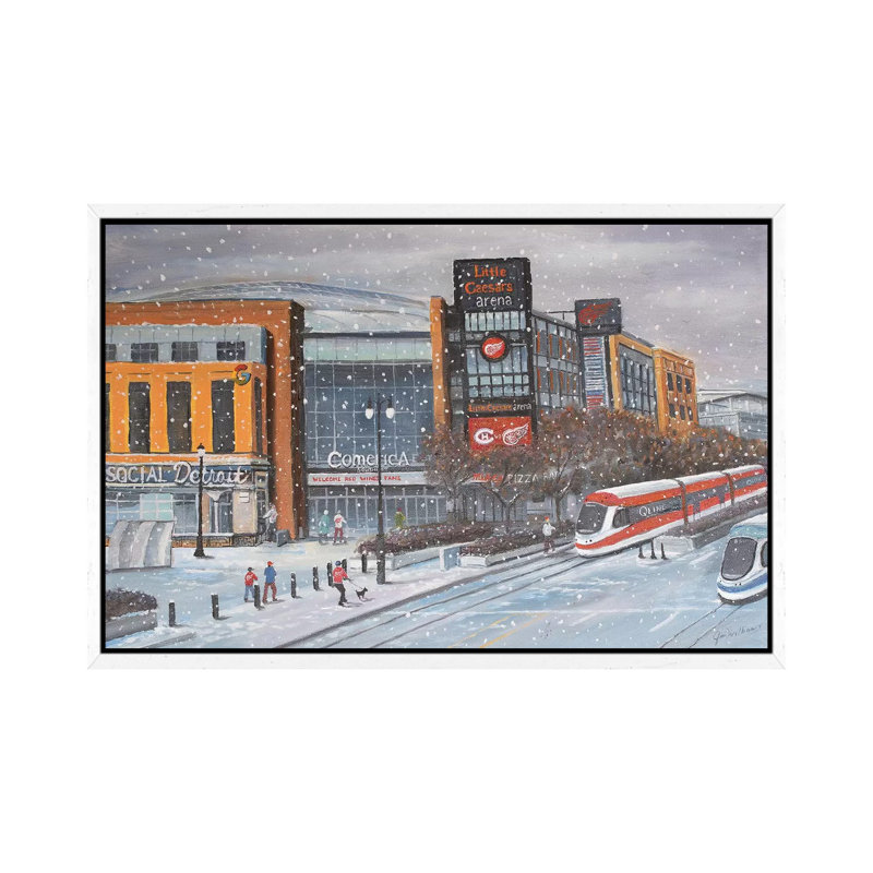 Pistons At Little Caesars by Jim Williams - Painting on Canvas, 66.04cm H x 101.6cm W x 3.81cm D, White Framed