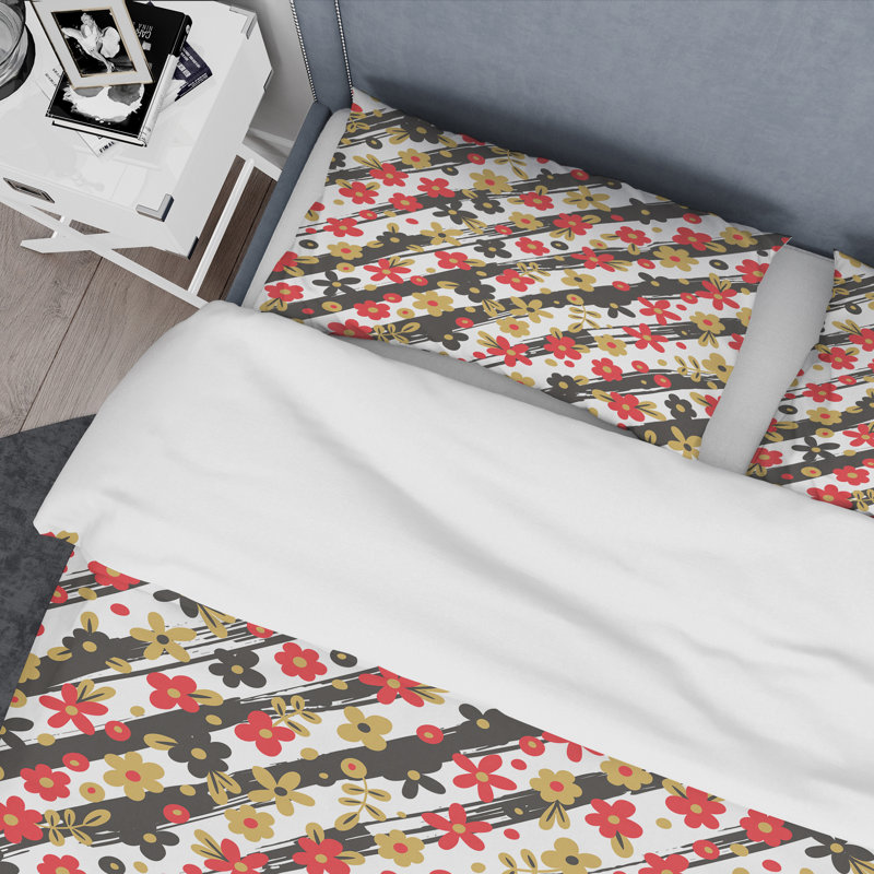 Fleur blanche et rouge rayée - ensemble de housse de couette abstrait - microfibre de polyester