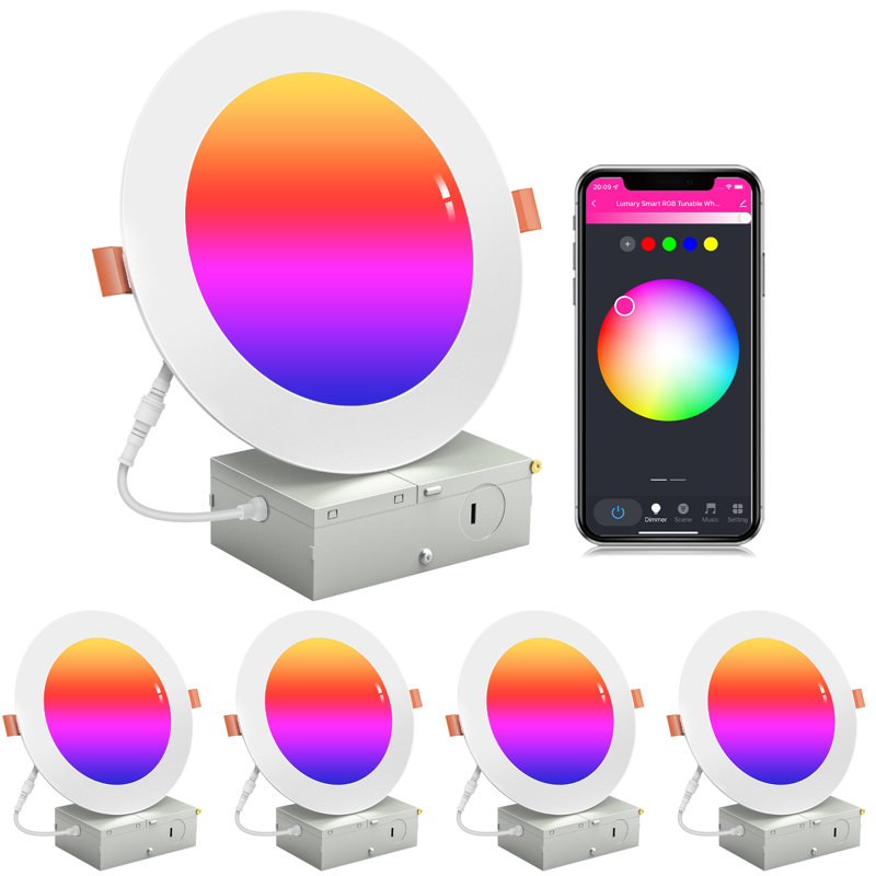 Éclairage encastré intelligent 6 po Lumary, éclairage à DEL à changement de couleur, lumières de soffite Wi-Fi Bluetooth avec J-Box, compatible avec la télécommande Alexa / Google Assistan / BT, homologué ETL (paquet de 4 noir)