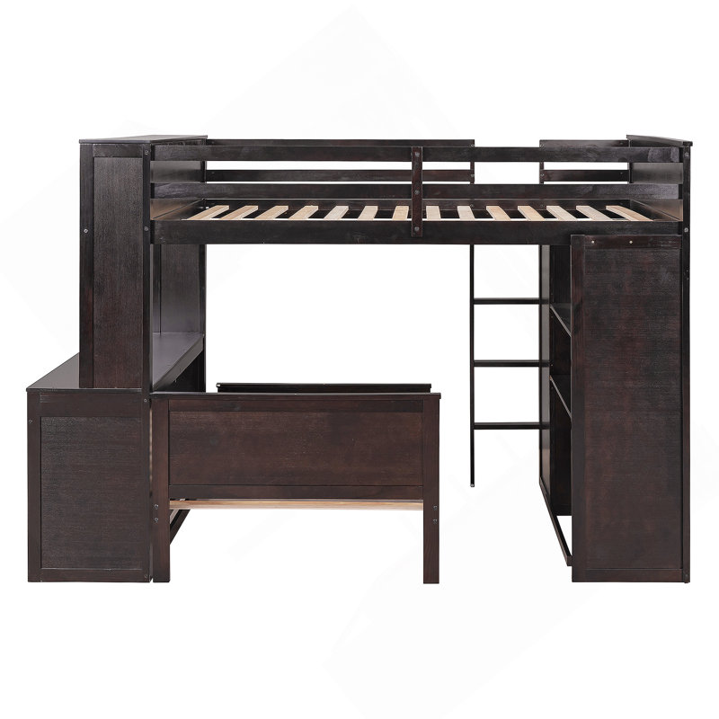 Lit mezzanine Kaylianne avec étagères, bureau et garde-robe