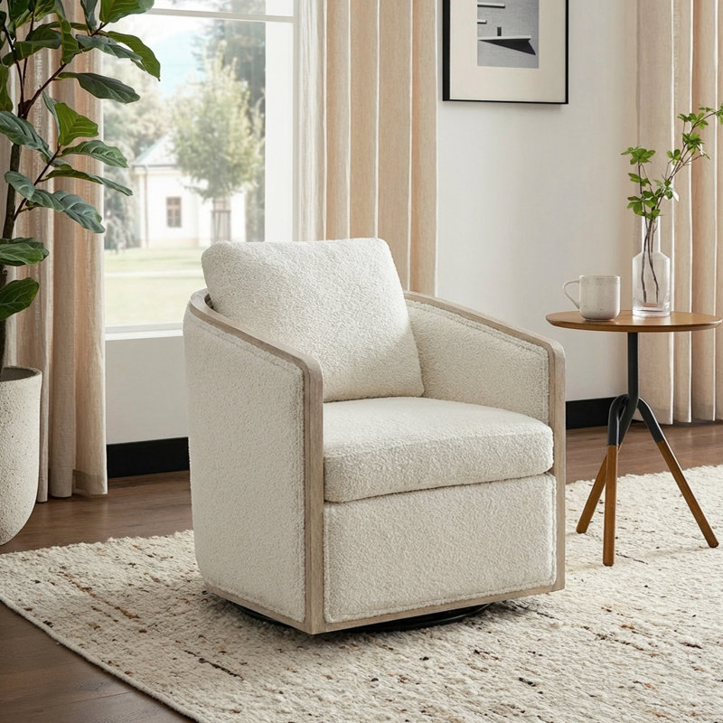 Fauteuil demi-tonneau pivotant de 30 po Holl, Tissu performance bouclé blanc