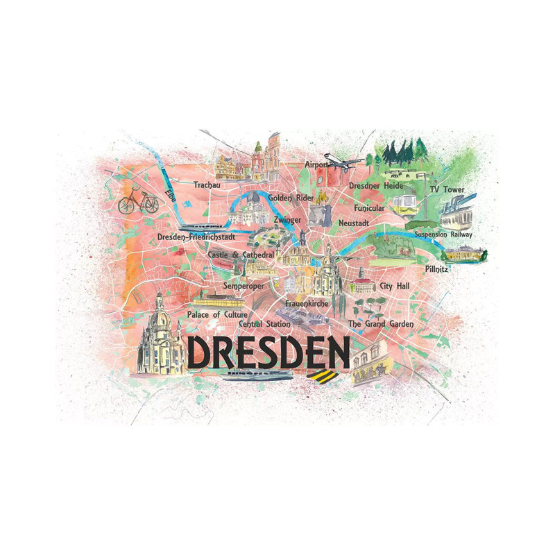 Dresden Saxony Germany Illustrated Map With Main Roads Landmarks And Highlights by Markus & Martina Bleichner - Wrapped Canvas Gallery-Wrapped Canvas Giclée