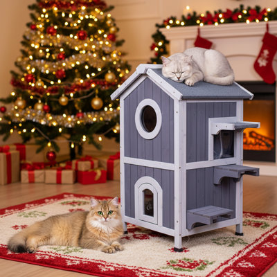 Geguri Outdoor Heated Cat House Winter-proof, Two-story Insulated Shelter For Feral Cats With Thermal Layer, Removable Roof, Balcony & Escape Door