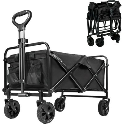 Collapsible Foldable Wagon Cart, Garden Beach Cart with All-Terrain Wheels and Drink Holders, 380lb Load-Bearing Outdoor for Camping, Garden, Sports, Picnic, Shopping-Black