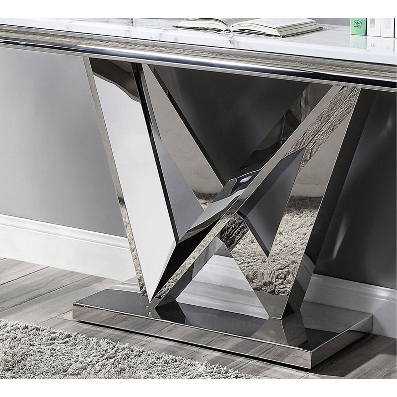 Table de style moderne 1Pc avec plateau en faux marbre biseauté de 18 mm, piédestal en forme de V en acier inoxydable, base rectangulaire, surface gérable au design élégant