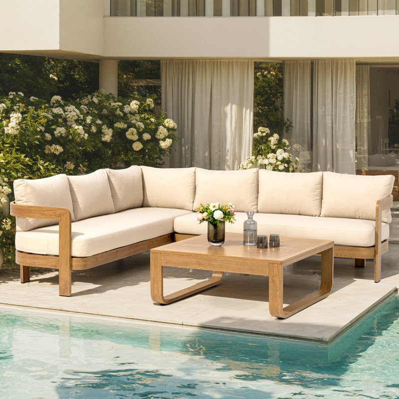 Outdoor Patio Powder-Coated Aluminum Sectional Sofa Set，Wood Look Finish: 0% Deforestation, 100% Wood Soul，Wood Grain Veneer Sectional Sofa Set for Patio