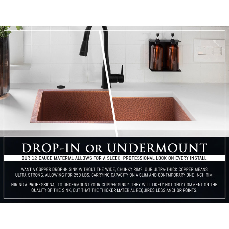Fossil Blu Luxury 33" 12-Gauge Hammered Copper Undermount/Drop-In Sink, Medium Patina, Incl Accs