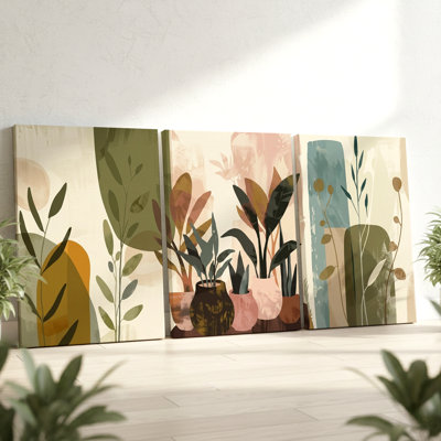 3 pièces d'art mural botanique abstrait avec des tons terreux, trois pièces d'art mural pour le salon, la chambre à coucher, le bureau et la maison, prêt à être accroché