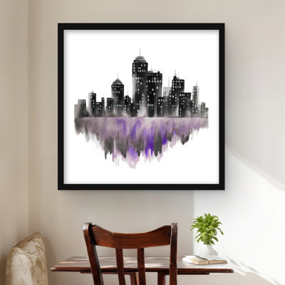 Aquarelle mauve, paysage urbain - villes industrielles, reproduction encadrée
