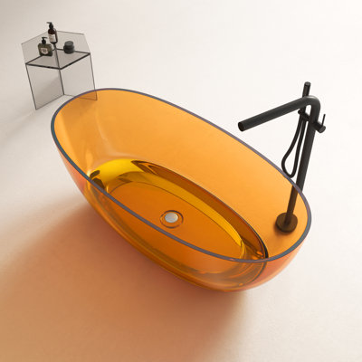 67" x 29.5" Freestanding Soaking Stone Resin Bathtub with Polished Chrome Pop Up Drain