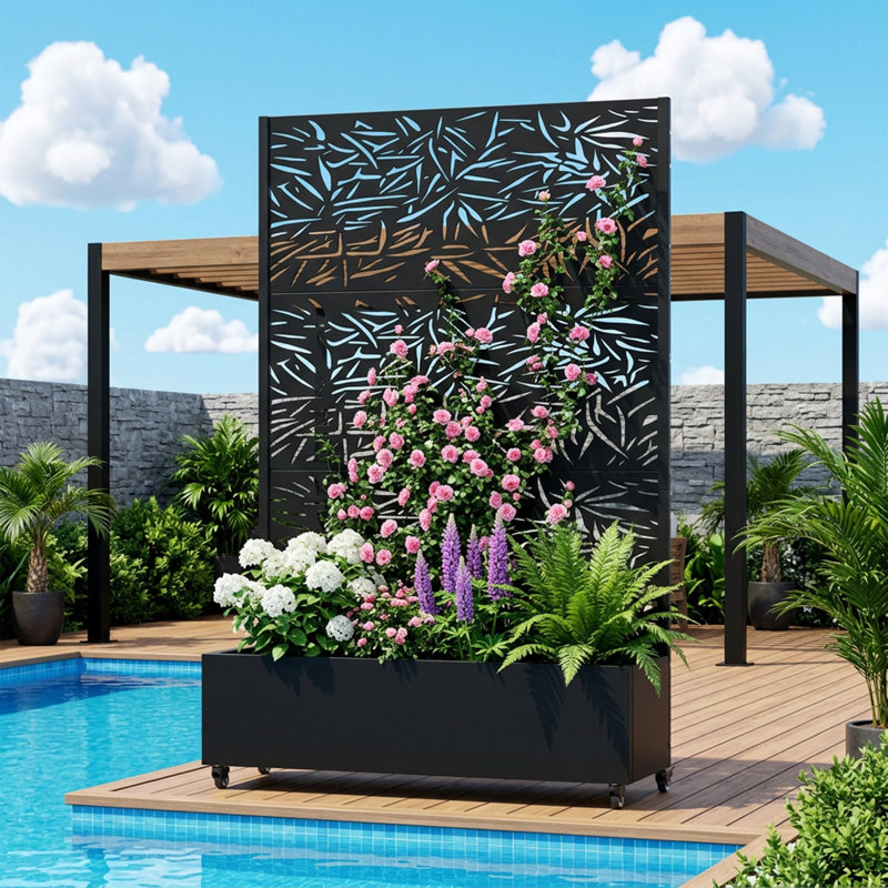 Boîte à fleurs en métal avec treillis et roues, H 72 po x l 47 po x P 16 po, Noir