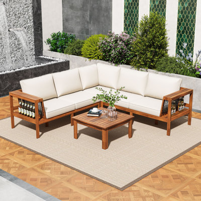 Ensemble de conversation de patio 4 pièces en bois d'acacia avec accoudoirs en corde, ensembles de conversation d'extérieur avec coussins et table basse