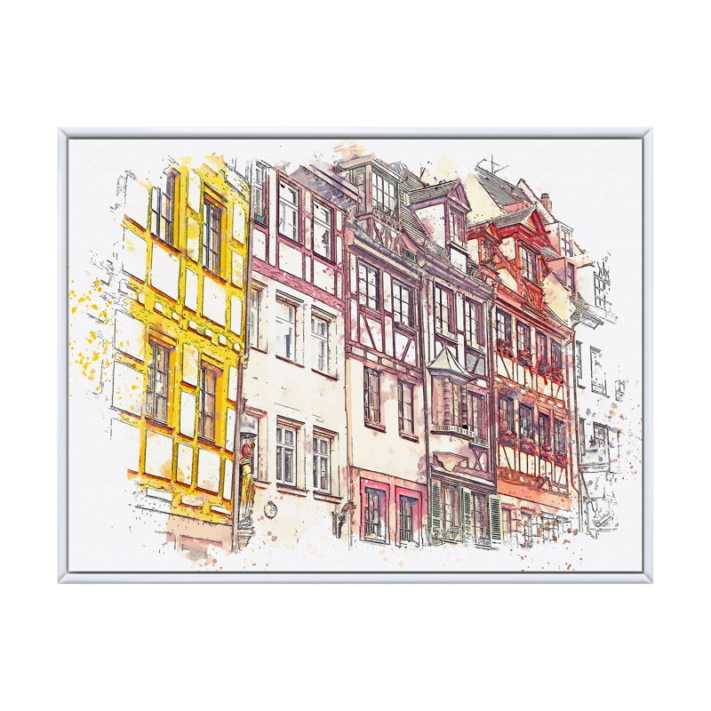 Traditional German Architecture Cityview - peinture sur toile, H 30 po x l 40 po x P 1,5 po, Cadre flottant blanc