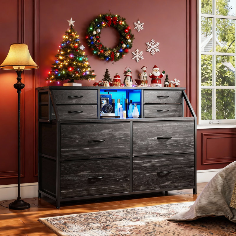 8 Drawer Dresser For Bedroom With Power Outlets & Led Lights, Chest Of Drawers With Open Shelves, Black