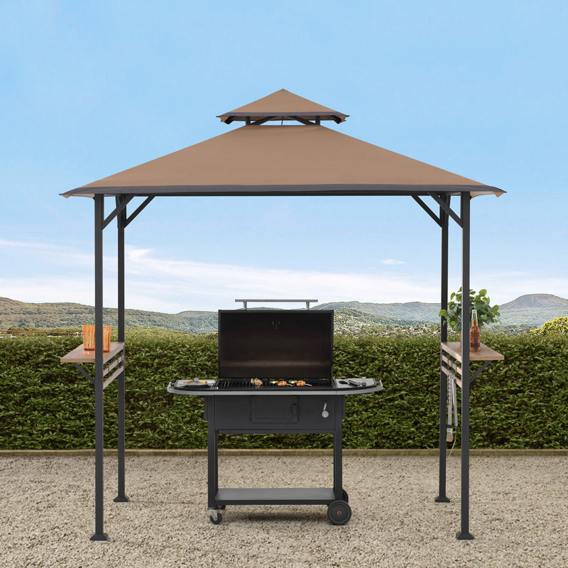 Khaki Double-Tiered Canopy Grill Gazebo with Black Steel Frame